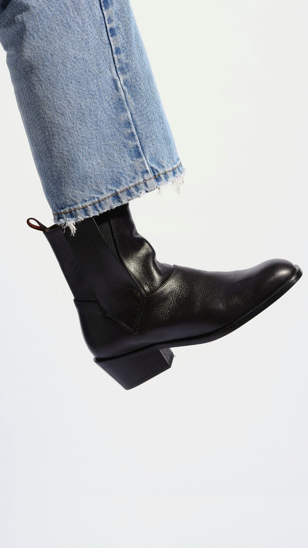 vintage chelsea pull on bootie italian full grain black polished leather elastic gore