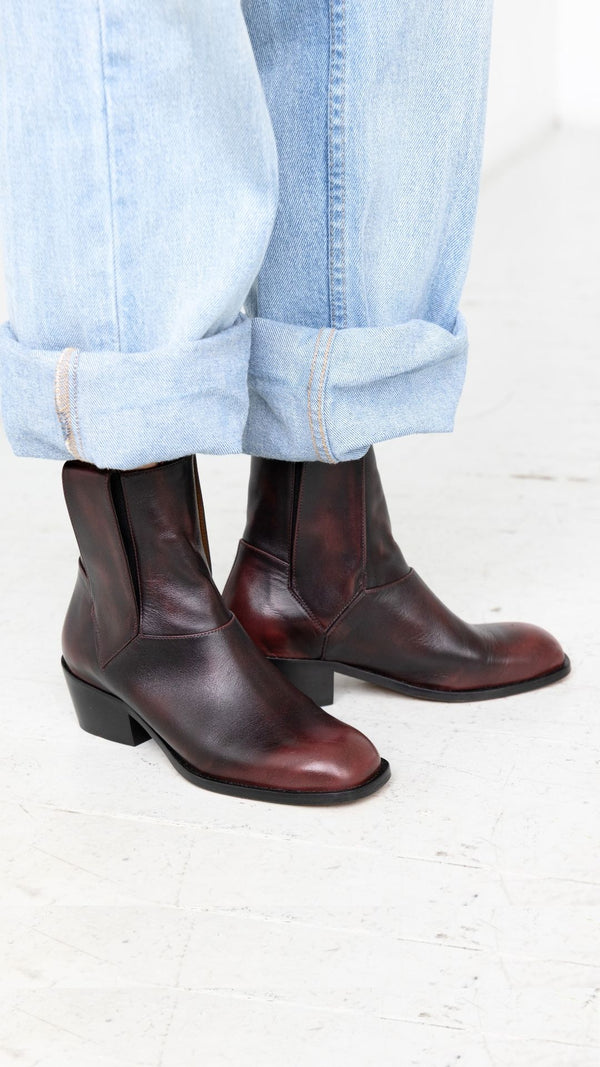 vintage chelsea pull on bootie italian full grain oxblood burgundy leather soft square toe