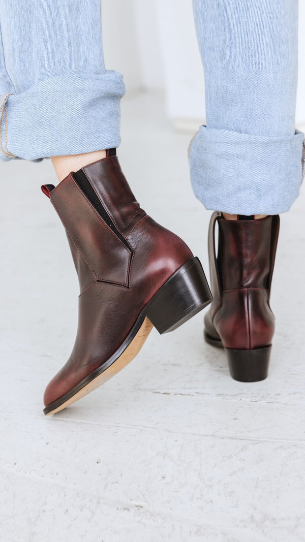 vintage chelsea pull on bootie italian full grain oxblood burgundy leather western heel