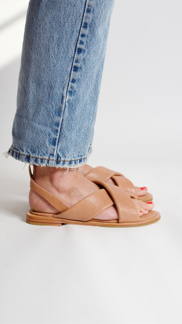 cloud sandal padded strap leather minimalist crossband sport sandal tan honey nude side view on foot