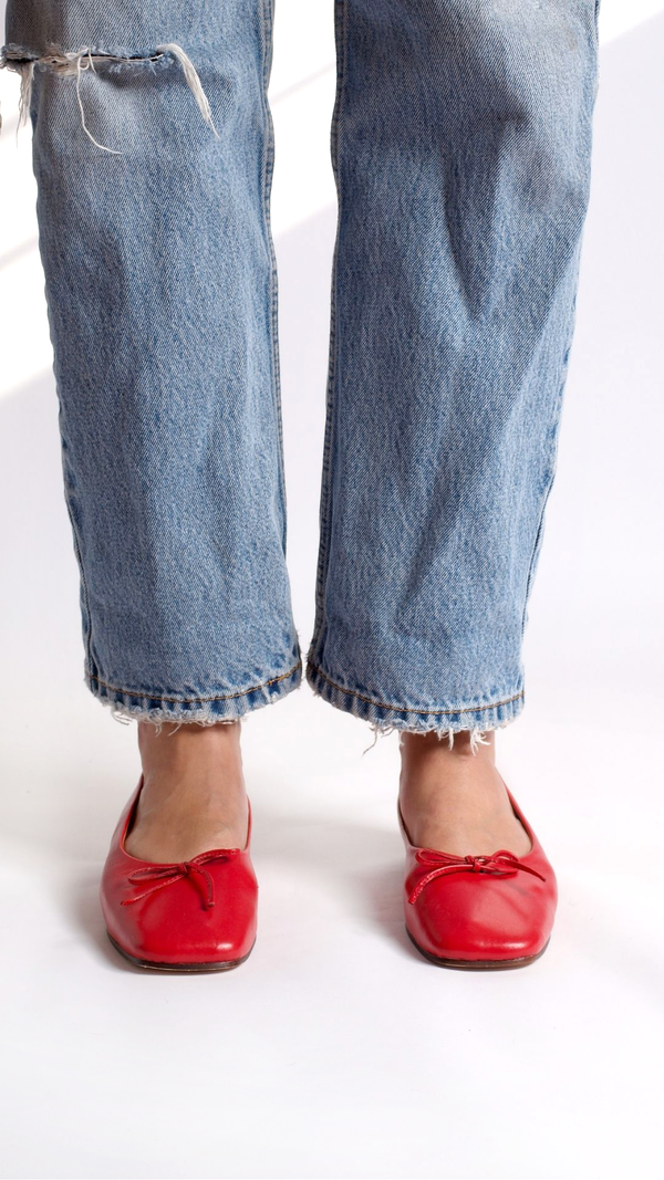 demi ballet flat red cherry comfy square toe with bow fron view on the foot