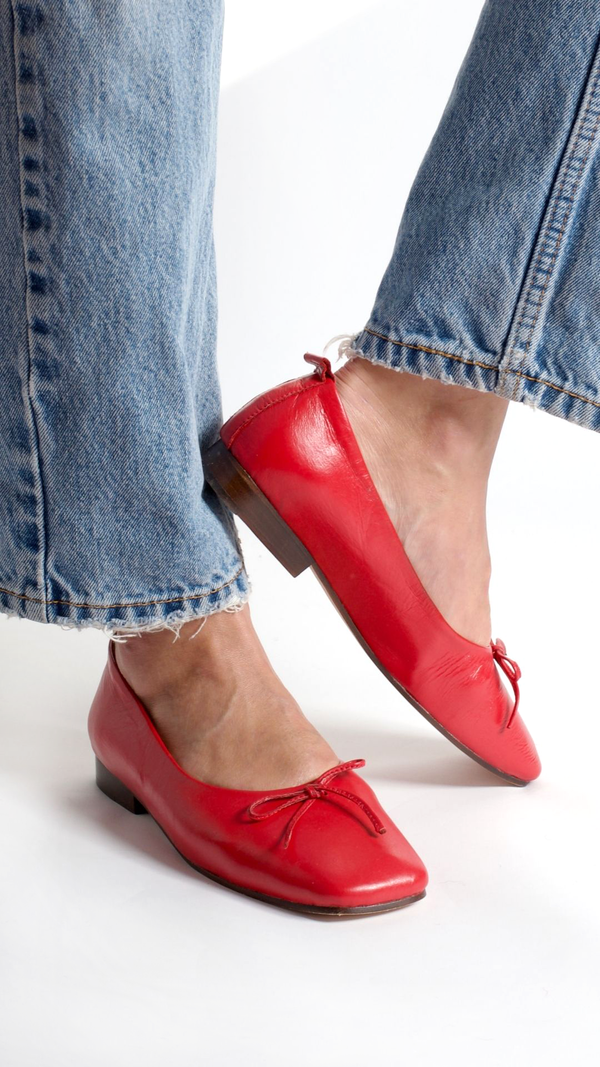demi ballet flat red cherry comfy square toe with bow on the foot side view
