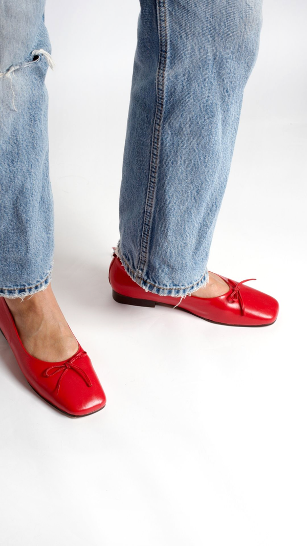 demi ballet flat red cherry comfy square toe with bow on the foot
