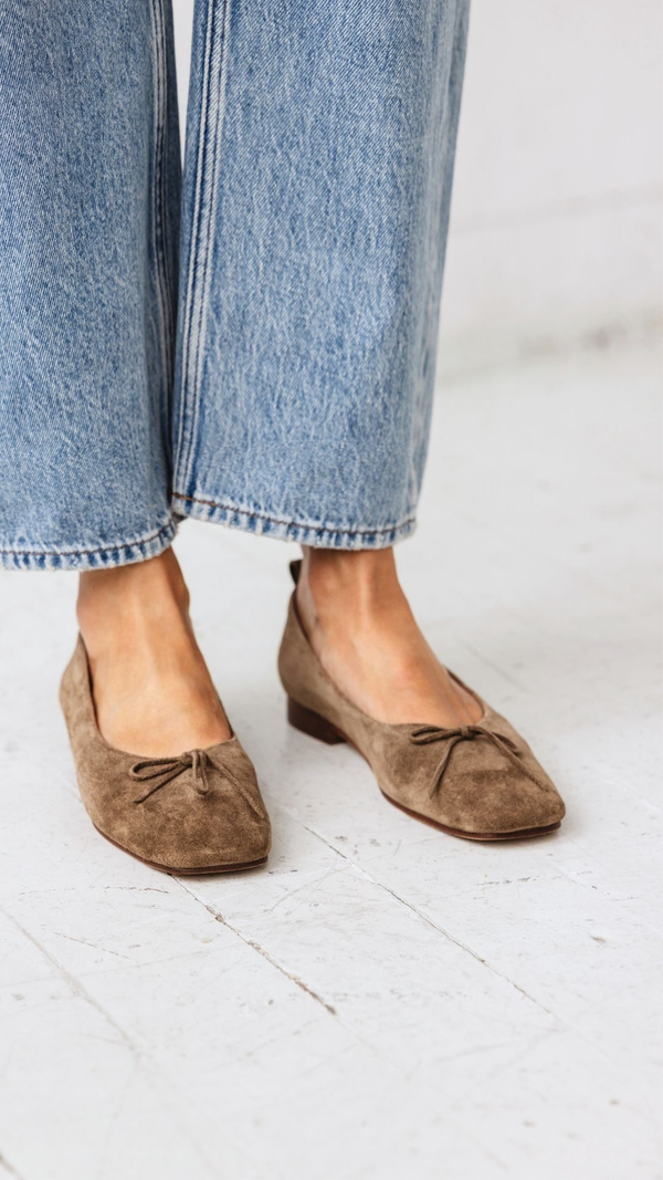 demi ballet moss taupe suede leather square toe comfy ballet flat on the foot