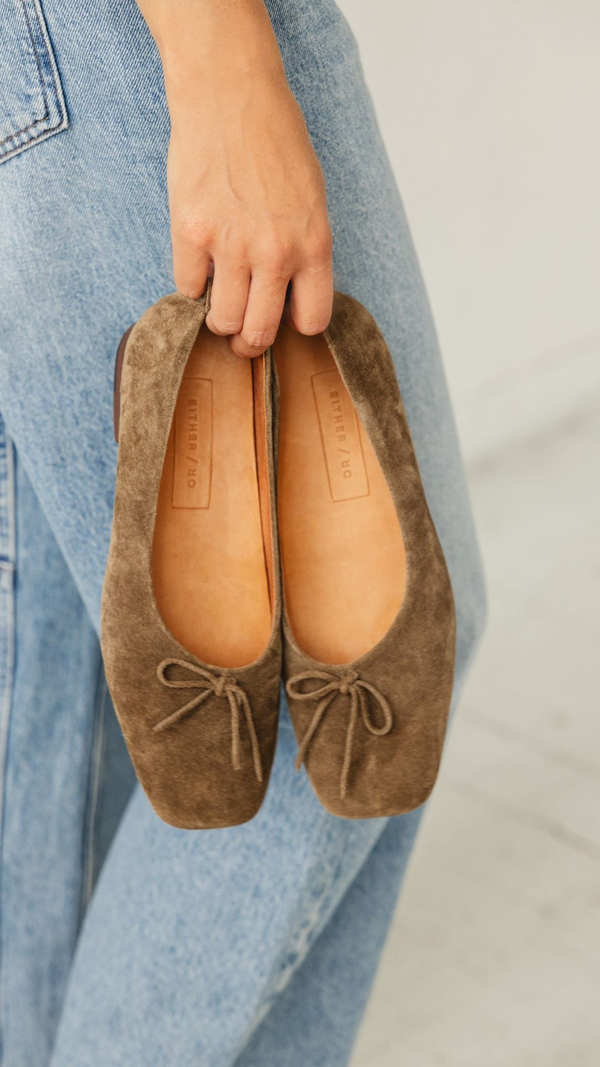demi ballet moss taupe suede leather square toe comfy ballet flat sneaker insole