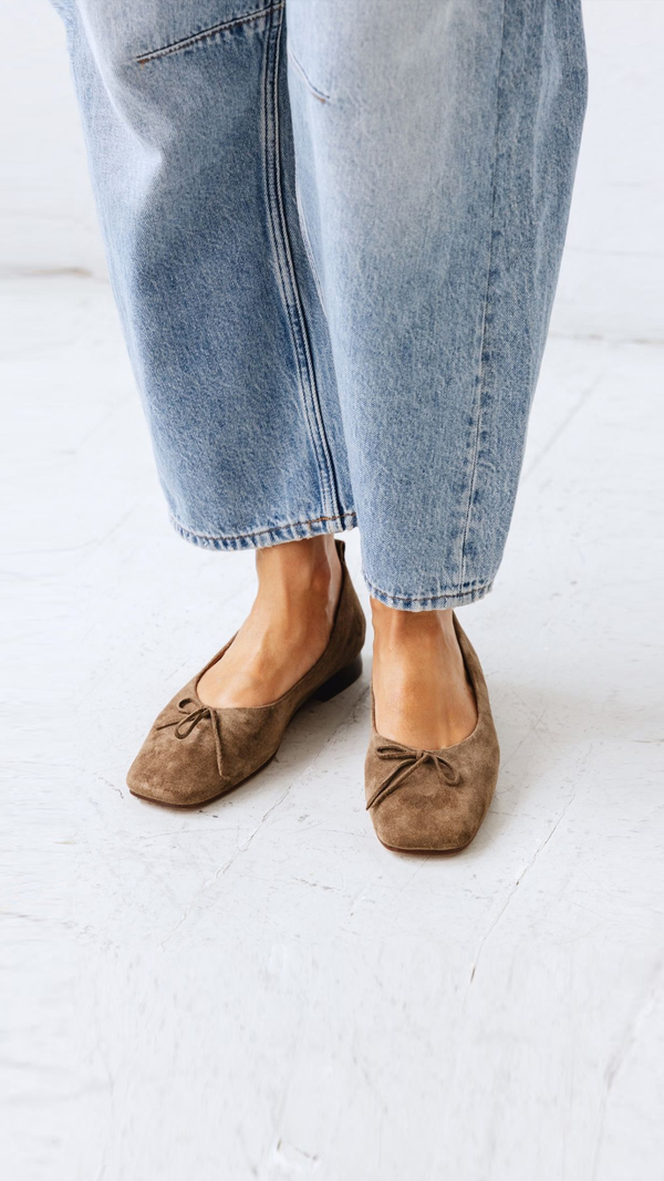 demi ballet moss taupe suede leather square toe comfy ballet flat front view