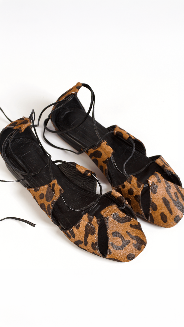 ghillie lace up leopard calf hair flats sandals