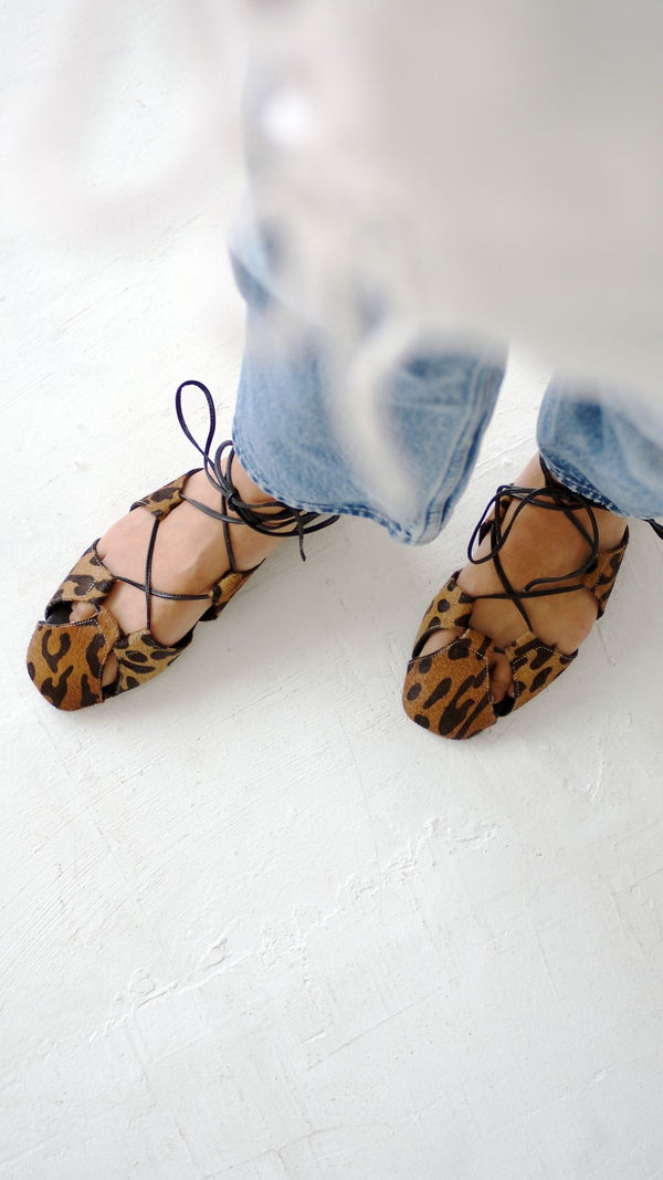 ghillie lace up leopard calf hair flats sandals top view