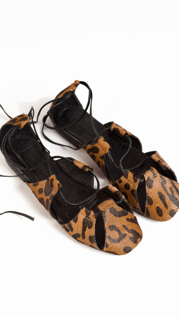 ghillie lace up leopard calf hair flats wedding summer event dress sandal