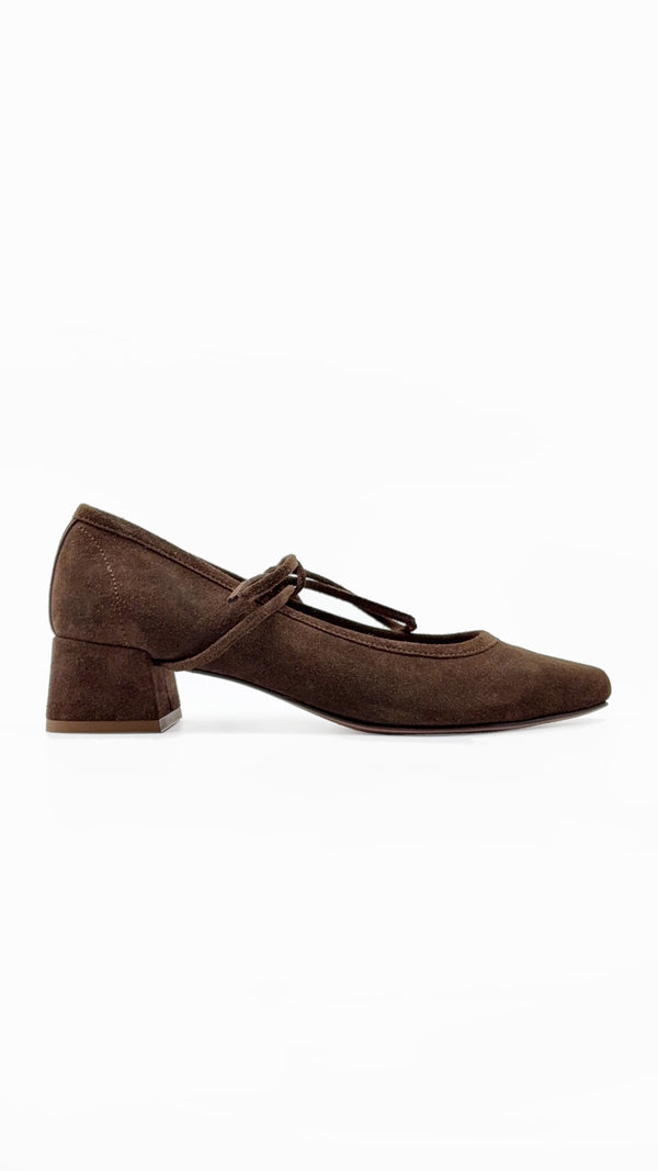 heeled ballet snipped square toe block heel bow tie chocolate brown suede