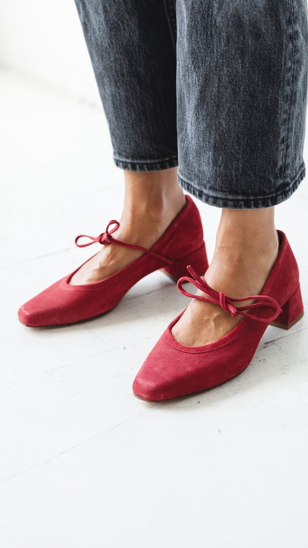 heeled ballet snipped square toe block heel bow tie red suede comfortable