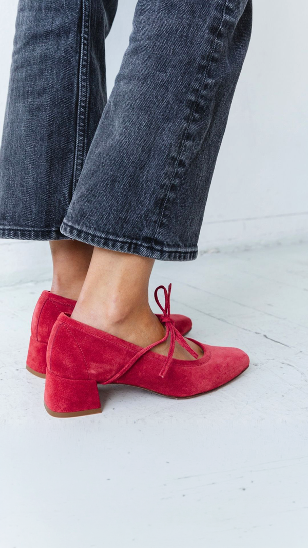 heeled ballet snipped square toe block heel bow tie red suede dress up event