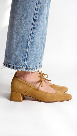 heeled ballet tan lace up bow heel in tan camel suede side view