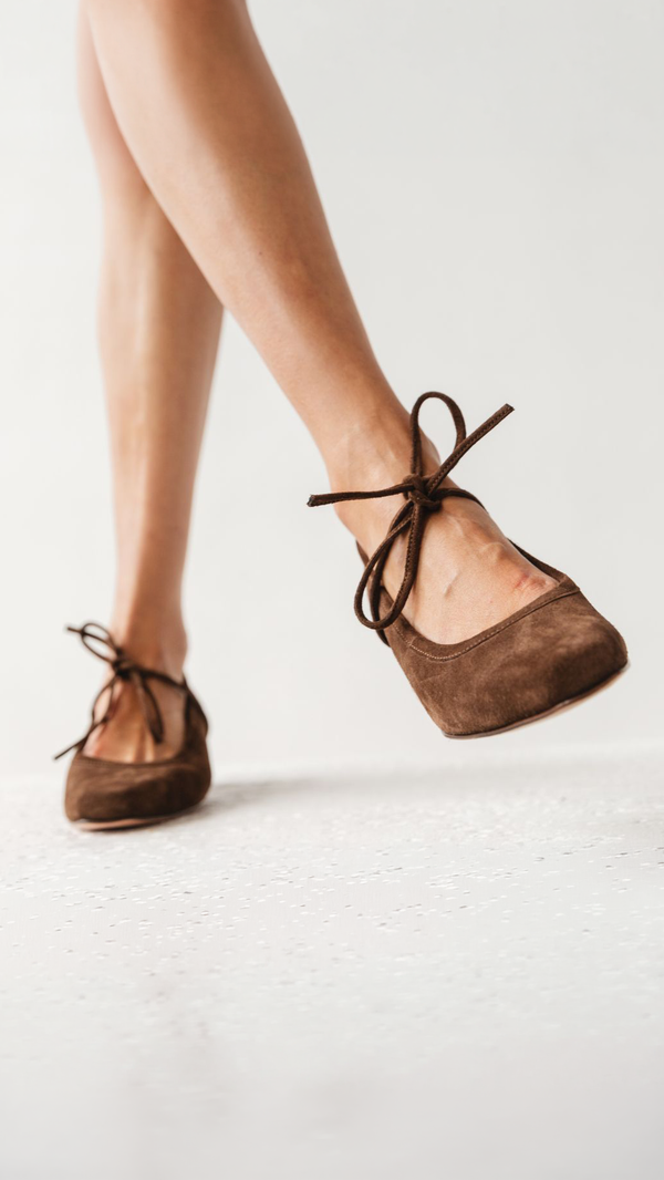 heeled ballet snipped square toe block heel bow tie chocolate brown suede on foot