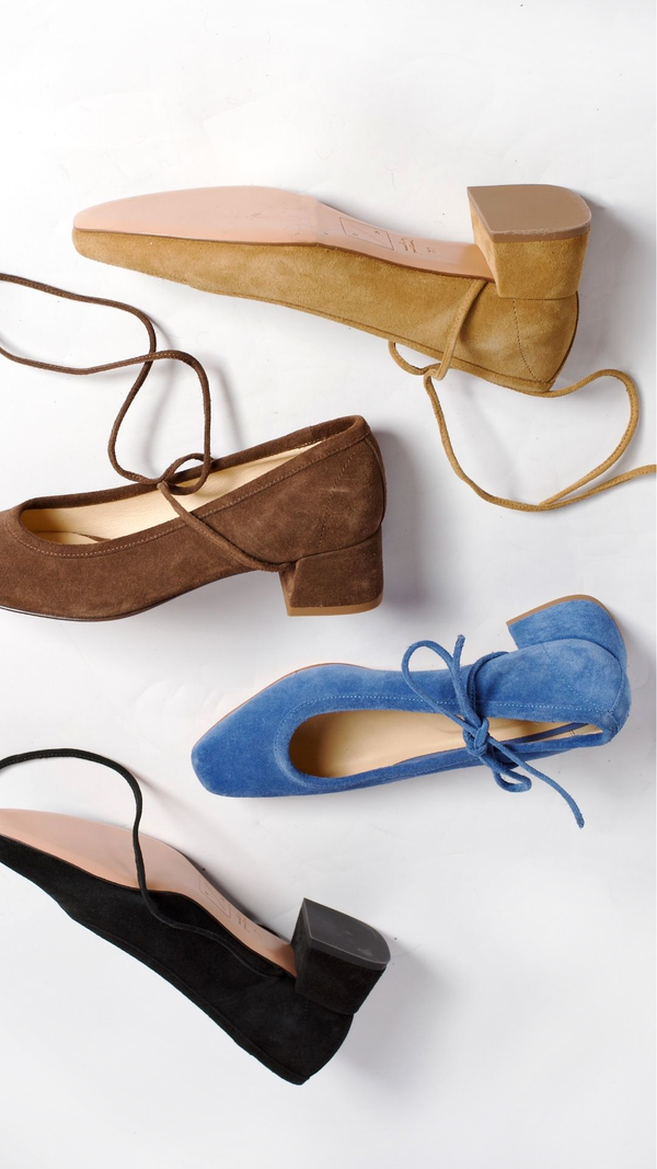 heeled ballet snipped square toe block heel bow tie chocolate brown suede camel