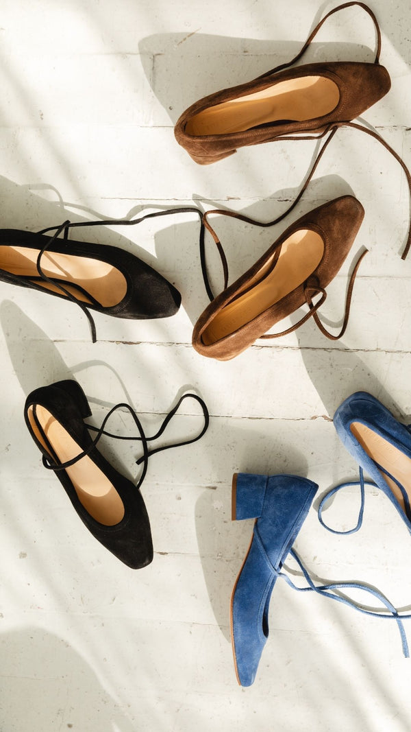 heeled ballet snipped square toe block heel bow tie chocolate brown suede blue