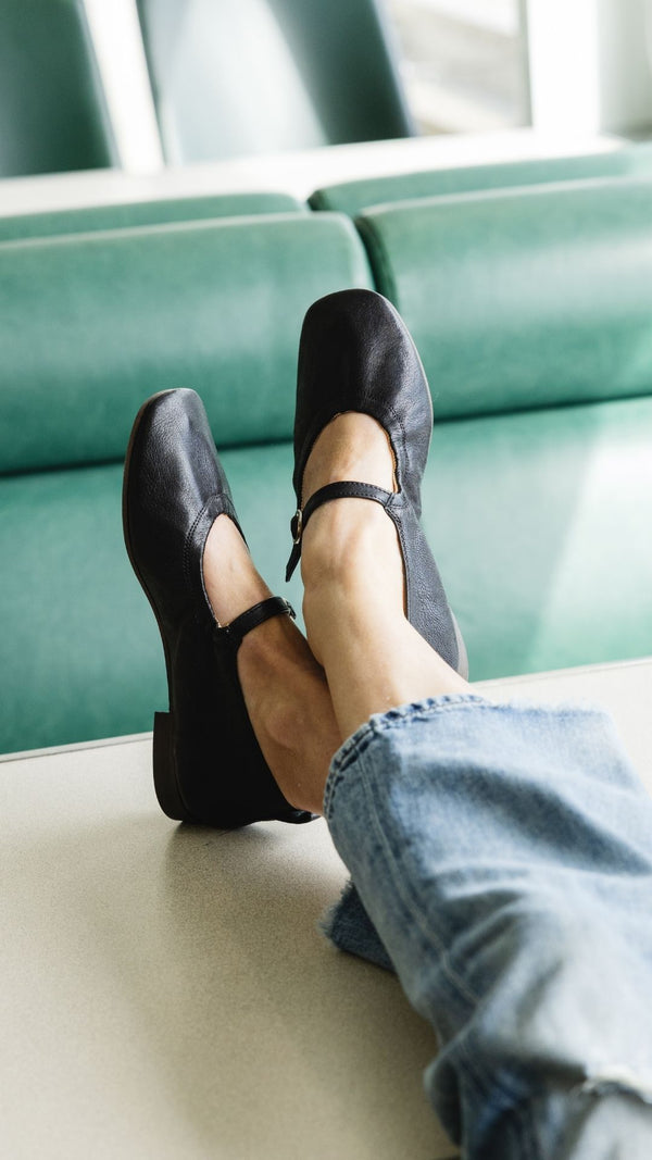 either or black leather mary jane scrunch ballet flat comfortable padded insole wear to work 