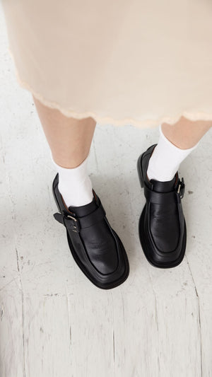 monk strap buckle platform chunky loafer in black full grain leather toe