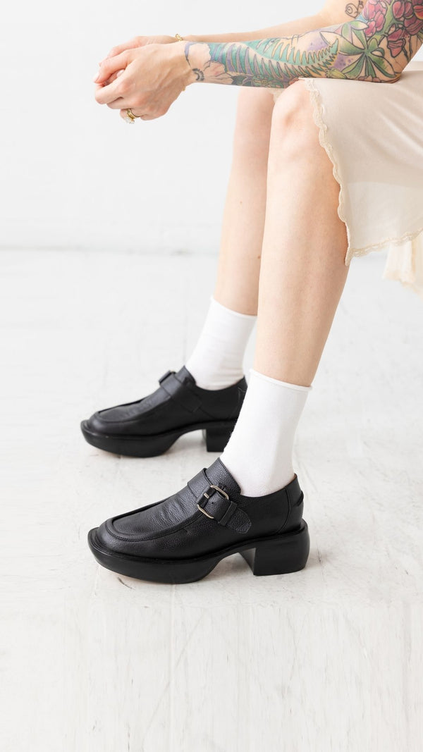 monk strap buckle platform chunky loafer in black full grain leather with socks