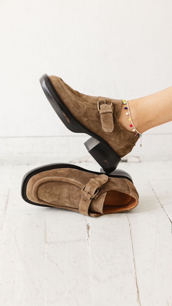 monk strap buckle platform chunky loafer in moss taupe suede on the foot