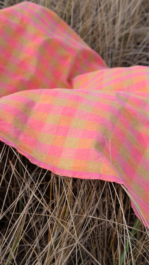 pink and yellow plaid handwoven picnic blanket