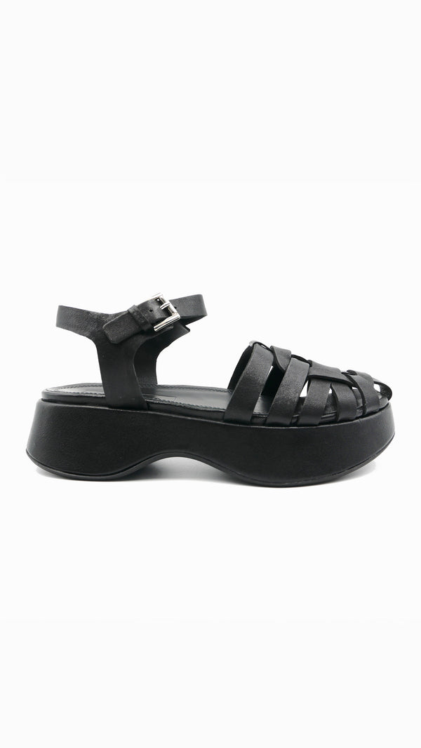 platform fisher black leather sandal with buckle strap