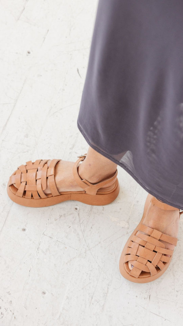 platform fisher tan miel leather sandal with buckle strap top view