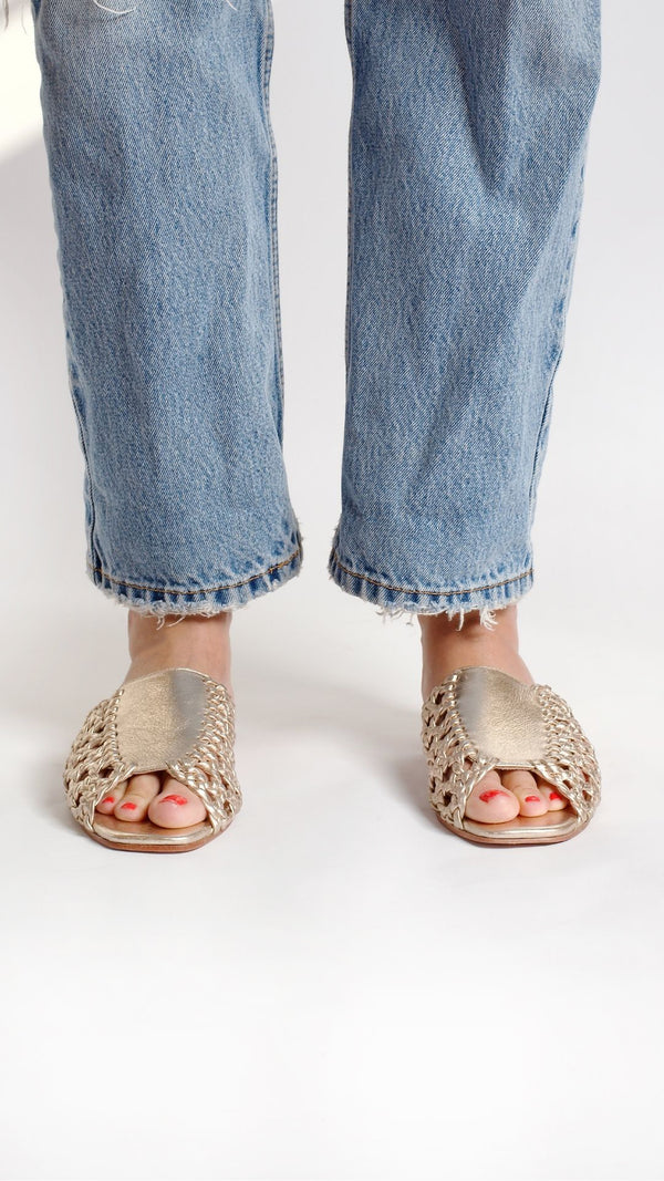 rattan sandal woven basketweave slide sandal in gold metallic front view