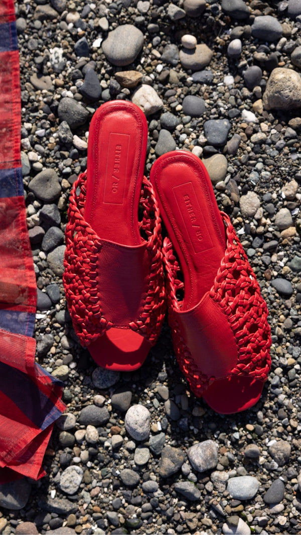 rattan sandal woven basketweave slide sandal in red leather beach vacation sandal