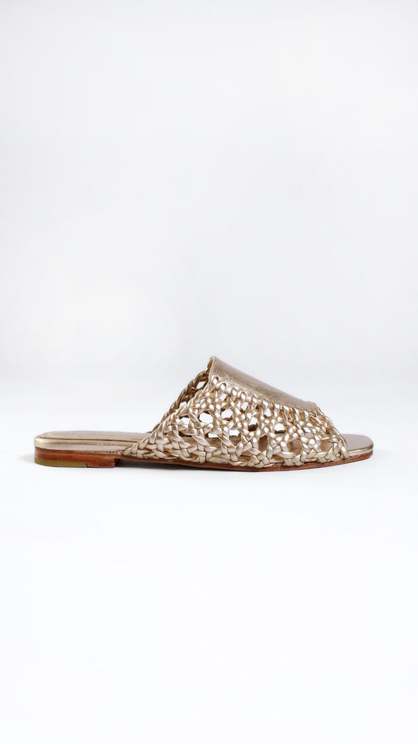 rattan sandal woven basketweave slide sandal in gold metallic side view