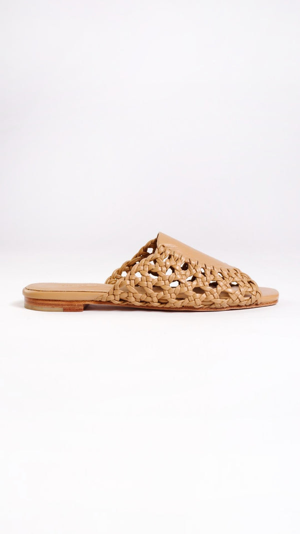 rattan sandal woven basketweave slide sandal in natural tan leather side view