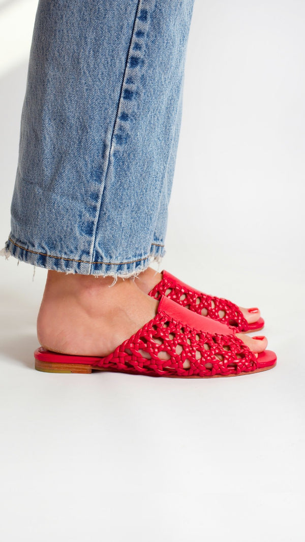 rattan sandal woven basketweave slide sandal in red leather on the foot side view