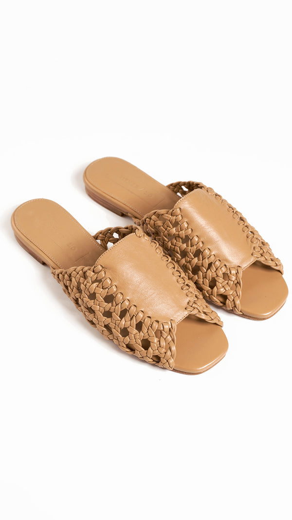 rattan sandal woven basketweave slide sandal in natural tan leather square toe