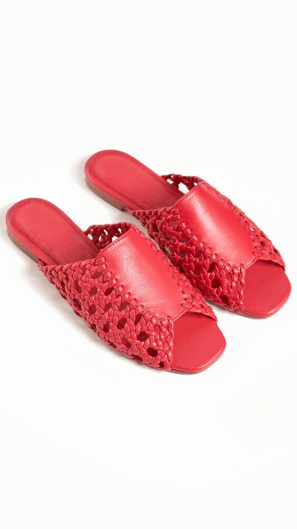 rattan sandal woven basketweave slide sandal in red leather square toe