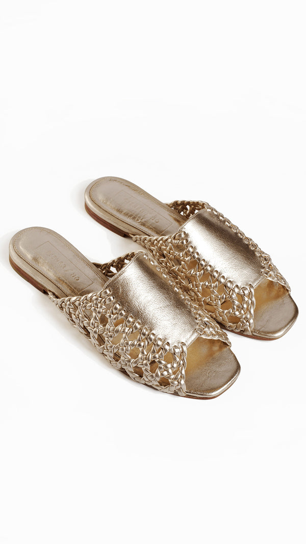 rattan sandal woven basketweave slide sandal in gold metallic square toe