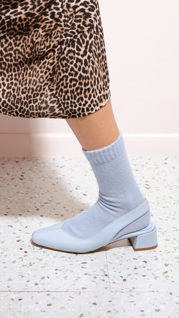 minimalist slingback block heeled pump in sky baby blue leather wedding something blue