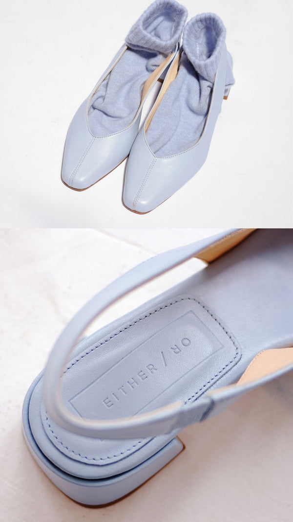 minimalist slingback block heeled pump in sky baby blue leather detail with socks