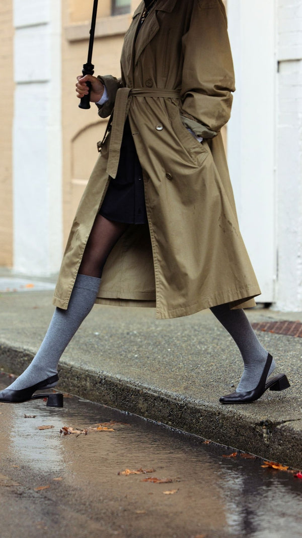 minimalist slingback block heeled pump in black italian leather with socks