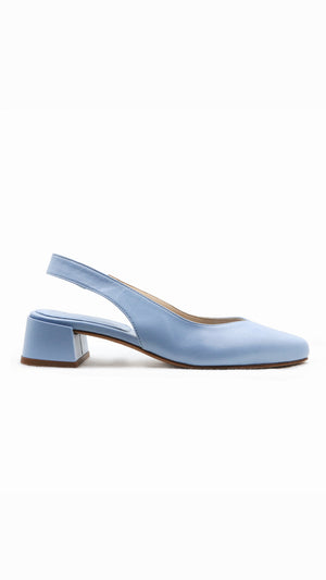 minimalist slingback block heeled pump in sky baby blue leather side view