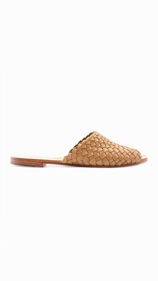either or woven slide natural tan cognac honey leather handmade huarache slip on
