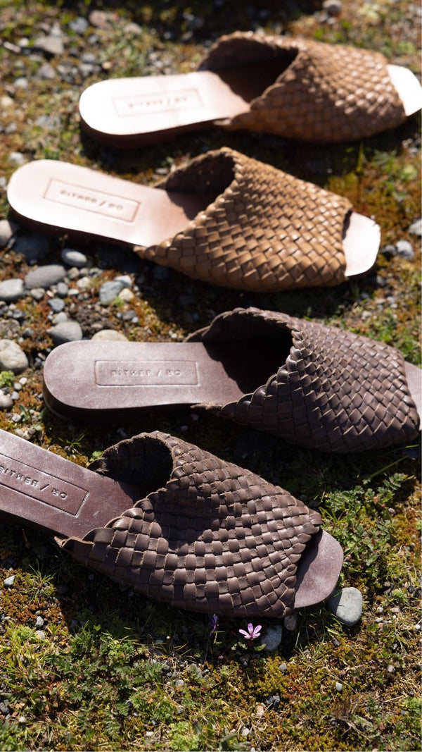 either or woven slide natural tan cognac honey leather handmade huarache slip on brown cognac