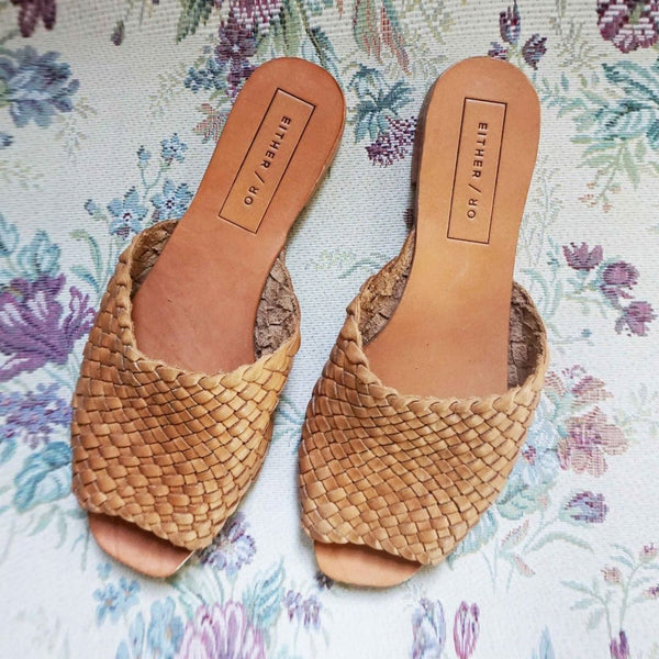 either or woven slide natural tan cognac honey leather handmade huarache slip on top view