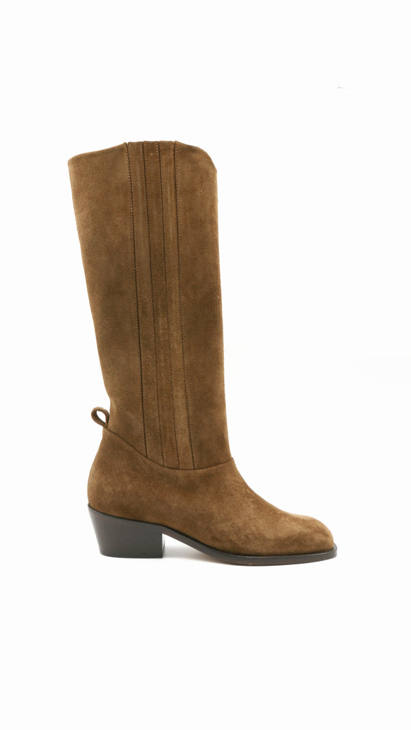 calf boot knee high tall polished italian full grain leather in tobacco tan suede