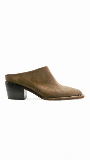 canyon clog western 90s heeled mule clog moss taupe suede leather