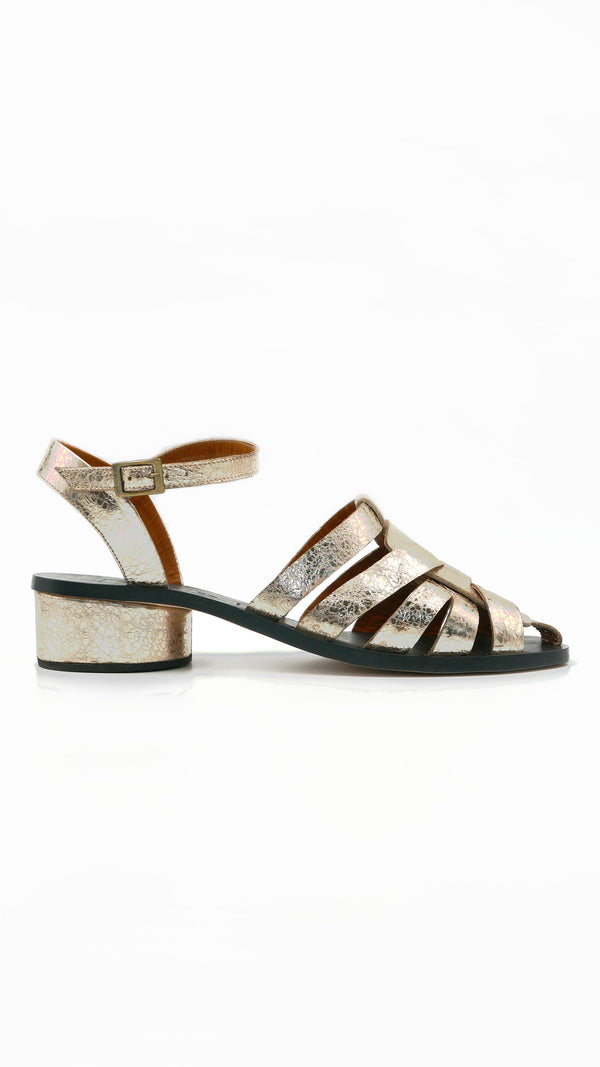 fisher low block heel buckle strap sandal comfortable metallic leather