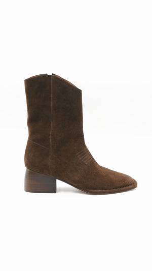 west boot brown chocolate suede block heel western square toe mid boot