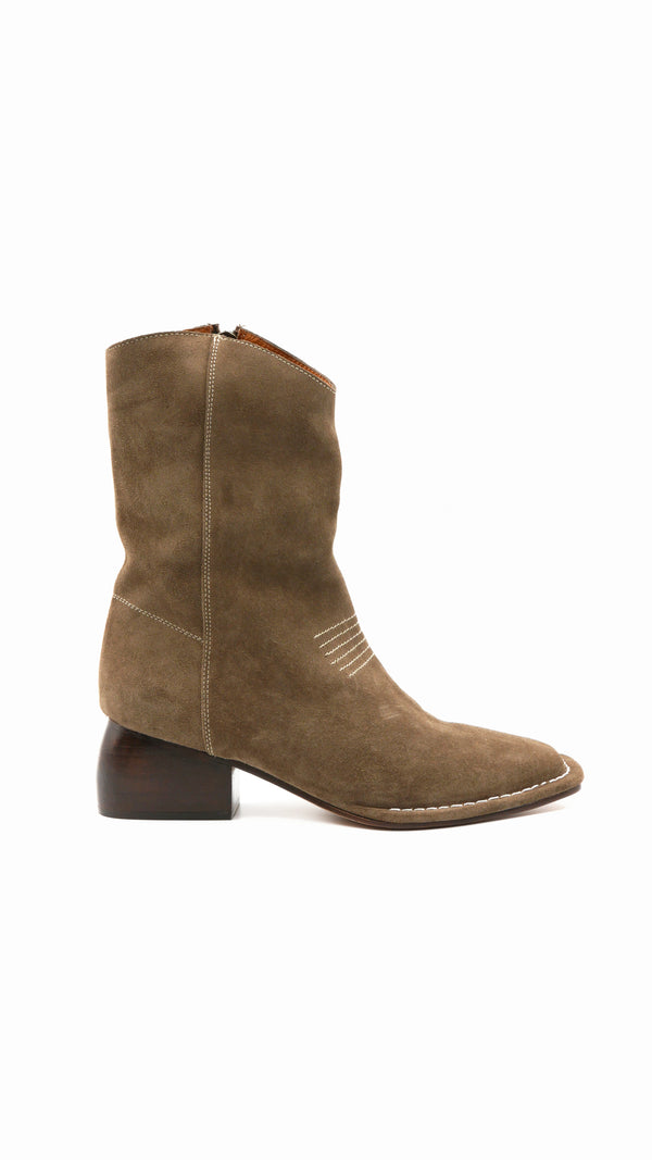 west boot taupe moss suede block heel western square toe mid boot