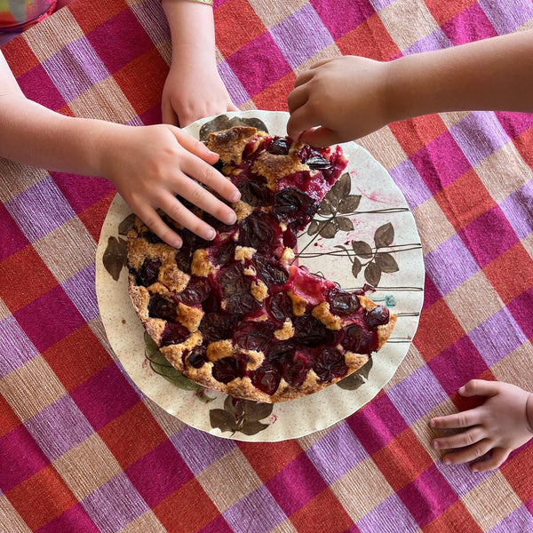 Hands reaching towards a berry tart on a checkered tablecloth. Plaid towel with tassels on a textured surface.  Checker Gingham Picnic Blanket.