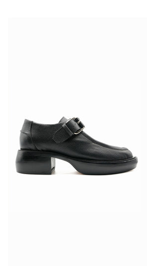 monk strap buckle platform chunky loafer in black full grain leather