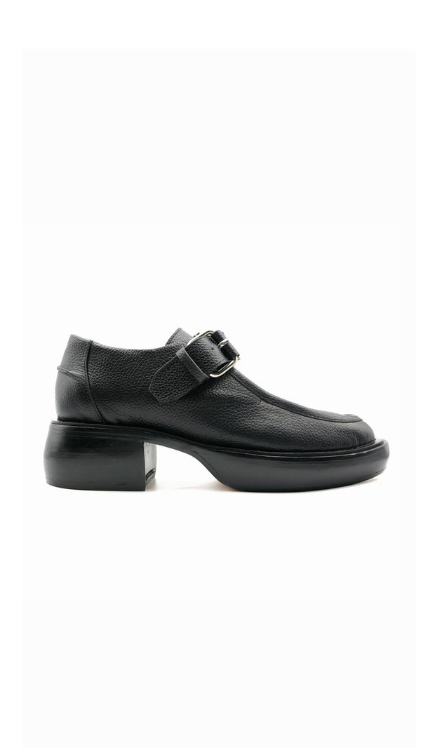 monk strap buckle platform chunky loafer in black full grain leather